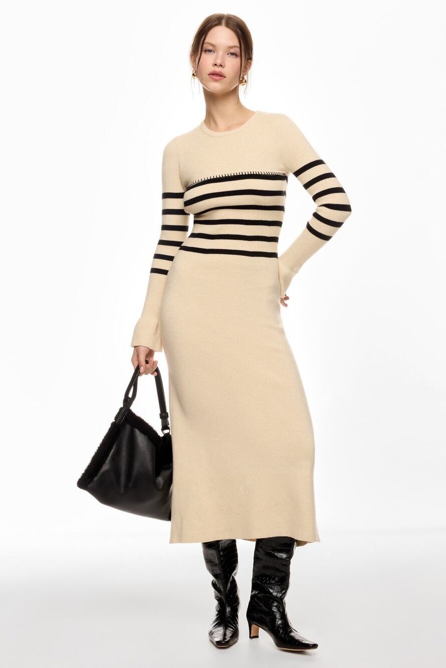 Mon Renn Sz XS Beige Black Striped Knit Long Sleeve Rhythm Sweater Midi Dresd